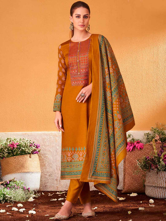Mumtaz Arts Pure Cotton Satin Unstitched Salwar Suit Mustard