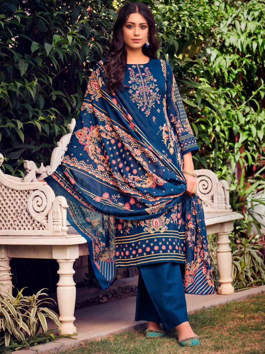Belliza Unstitched Women Pakistani Print Cotton Suits Set Blue Belliza