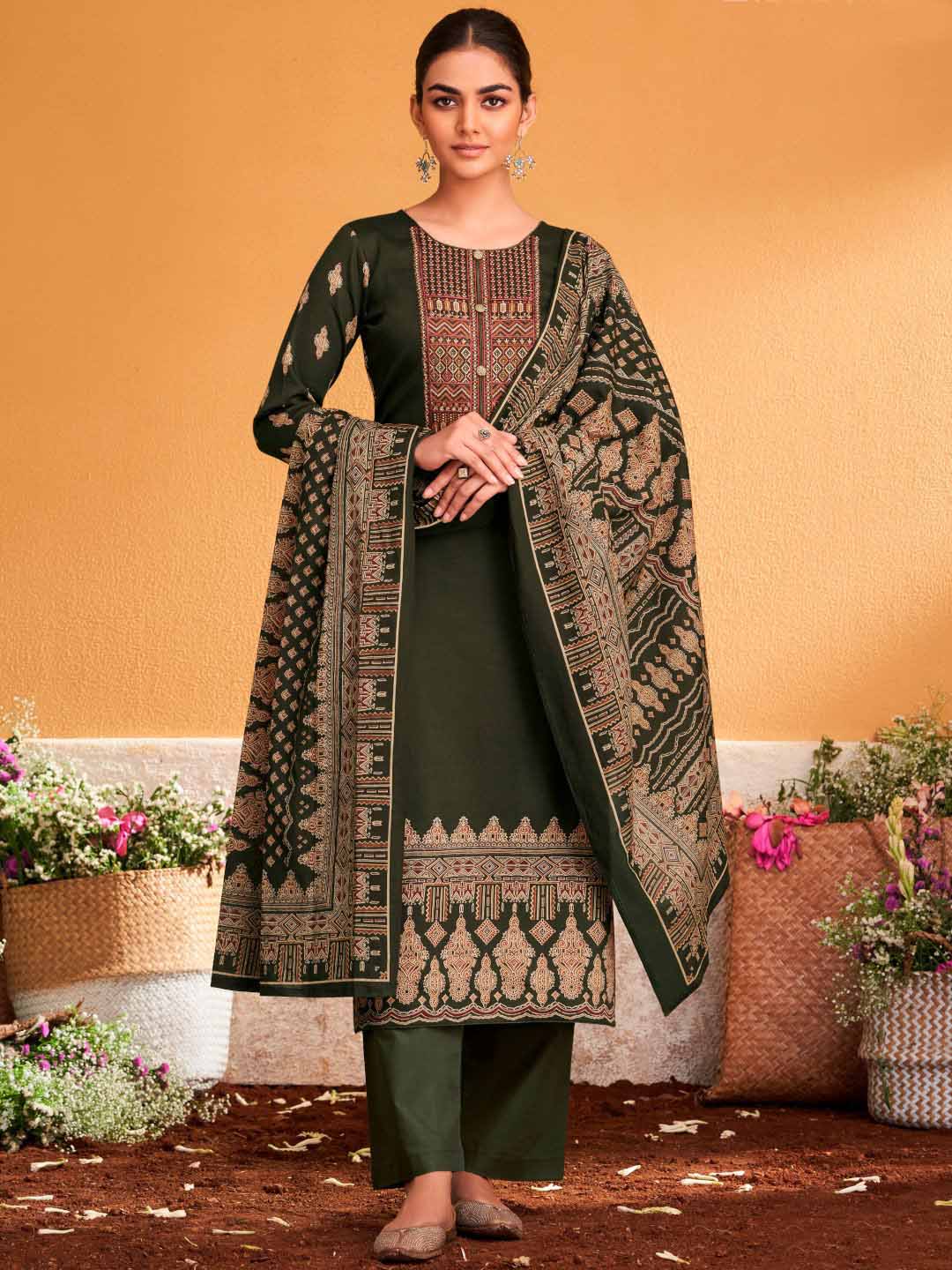 Mumtaz Arts Pure Cotton Satin Unstitched Salwar Suit Dark Olive Green