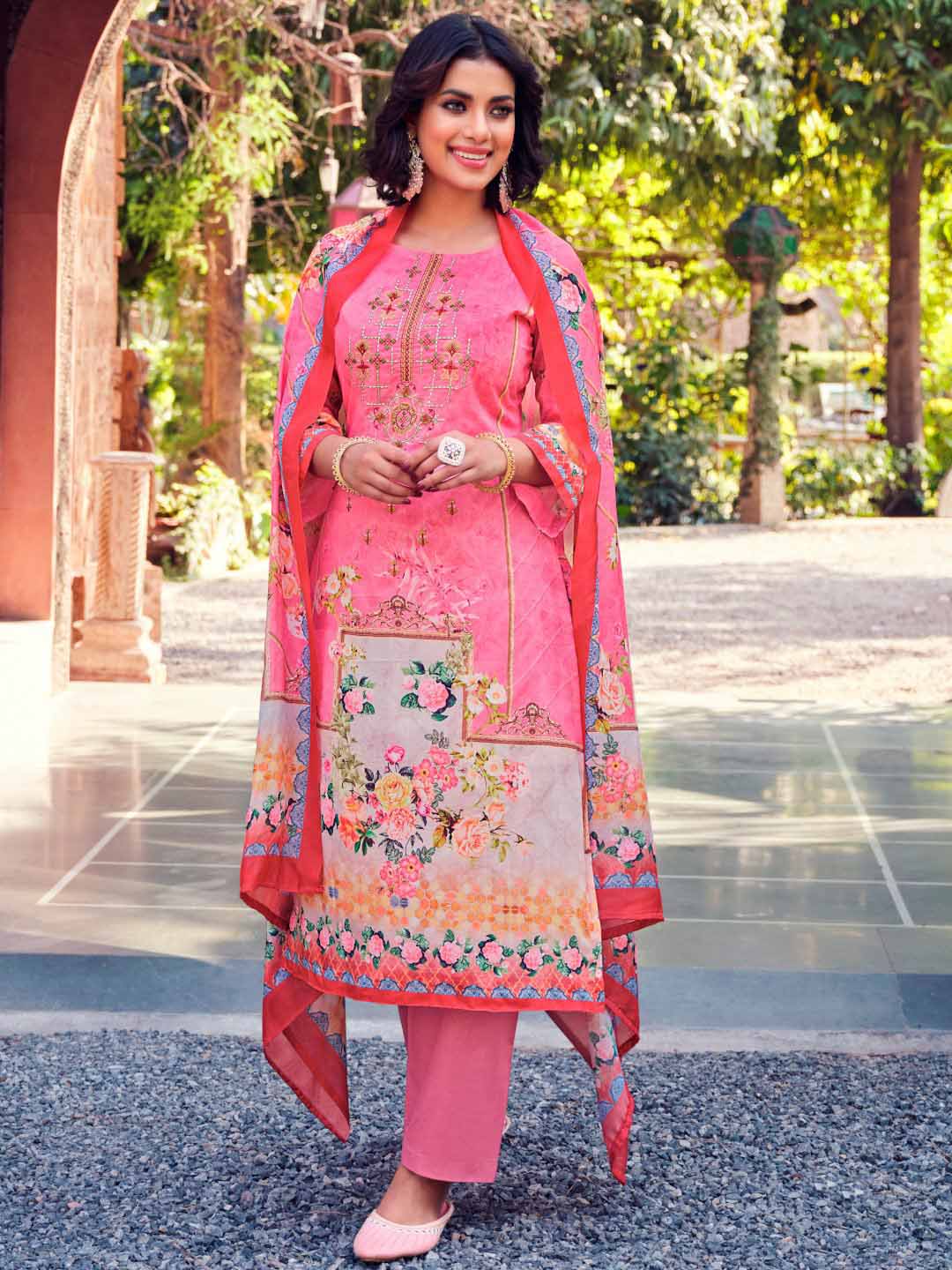 Belliza Unstitched Women Pakistani Print Cotton Suits Set Pink Belliza