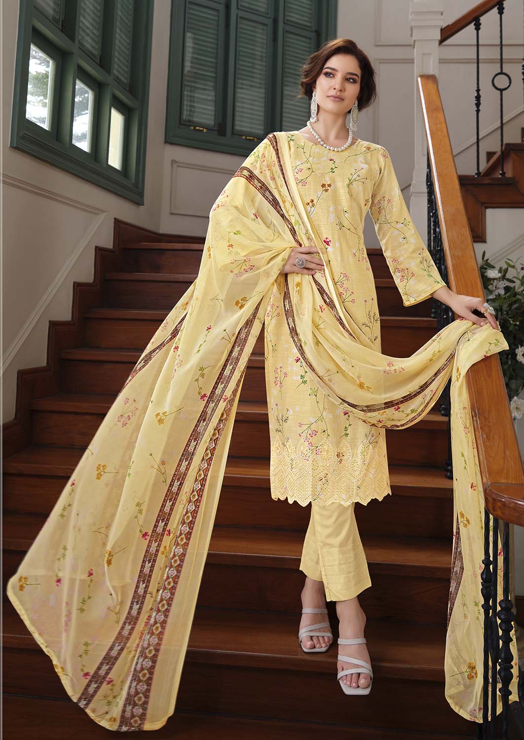 Belliza Cotton Linen Embroidered Unstitched Suit Set Yellow Belliza