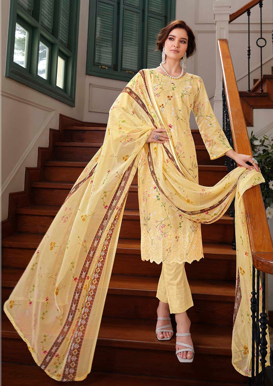 Belliza Cotton Linen Embroidered Unstitched Suit Set Yellow