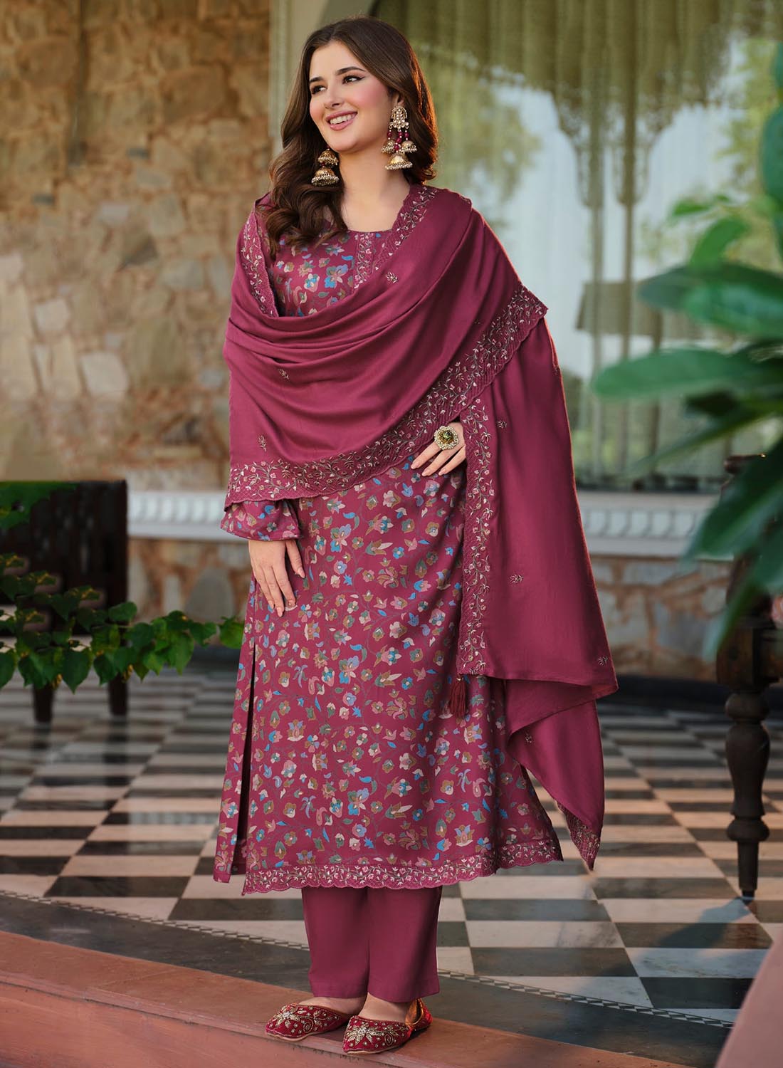 Dark Pink Pure Viscose Pashmina Unstitched Winter Suit Material for Women