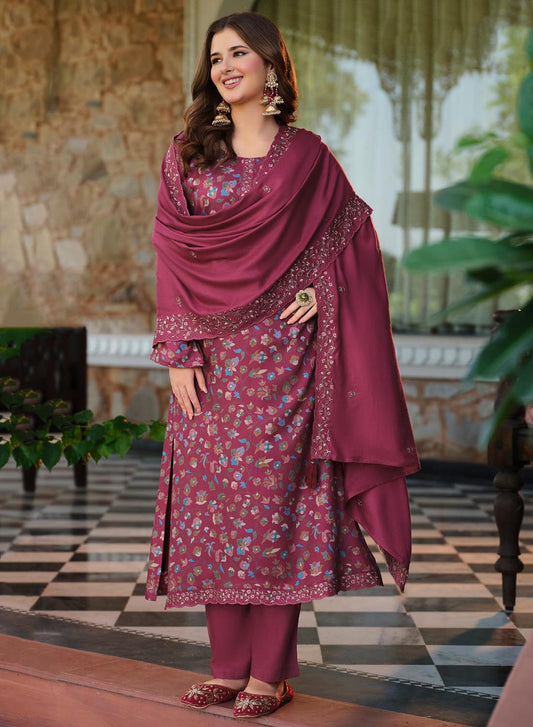 Dark Pink Pure Viscose Pashmina Unstitched Winter Suit Material for Women