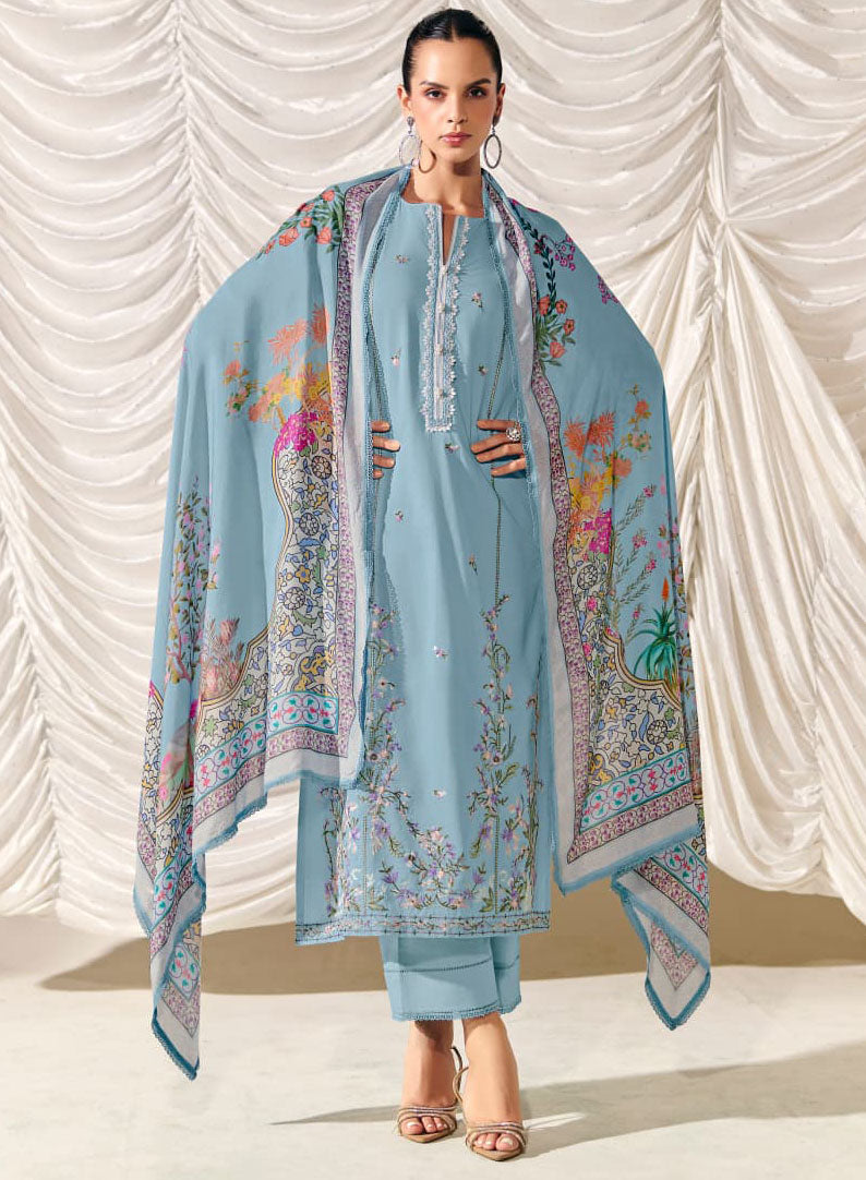Kimora Embroidered Pure Cotton Lawn Unstitched Salwar Suit Material Blue