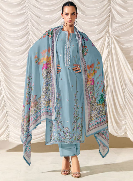 Kimora Embroidered Pure Cotton Lawn Unstitched Salwar Suit Material Blue