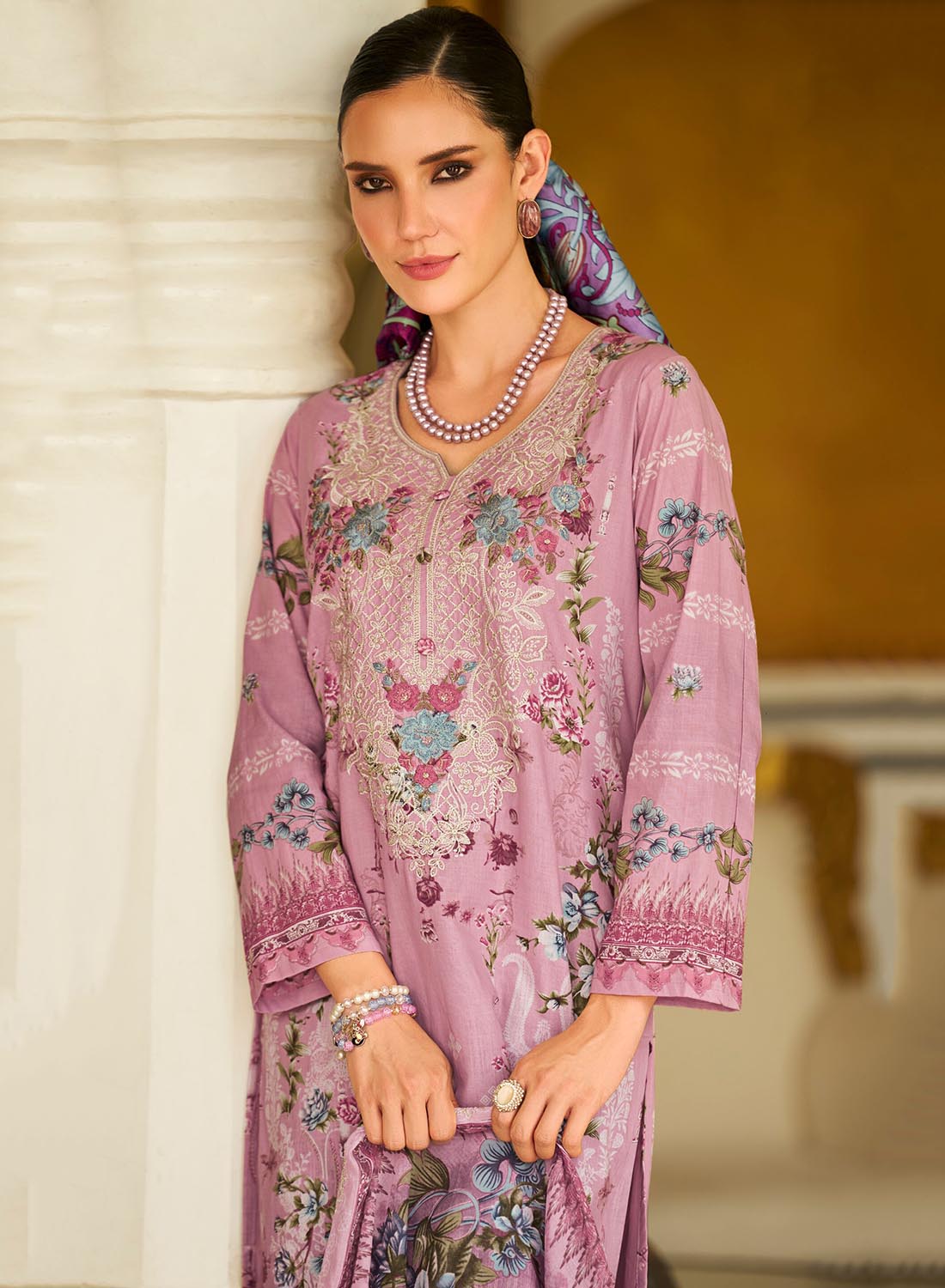 Pink Unstitched Pakistani Cotton Suit Material for Women with Embroidery