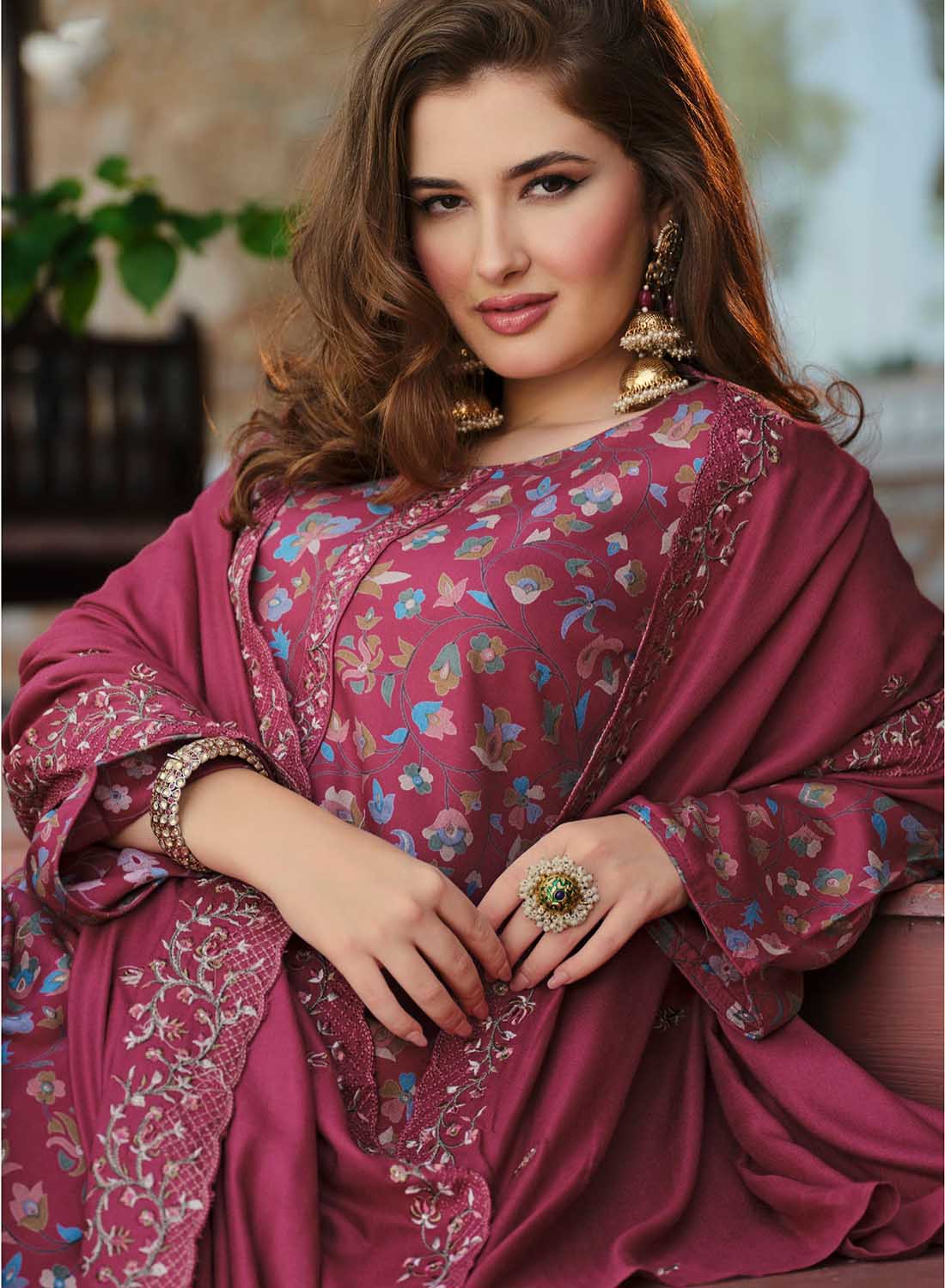 Dark Pink Pure Viscose Pashmina Unstitched Winter Suit Material for Women