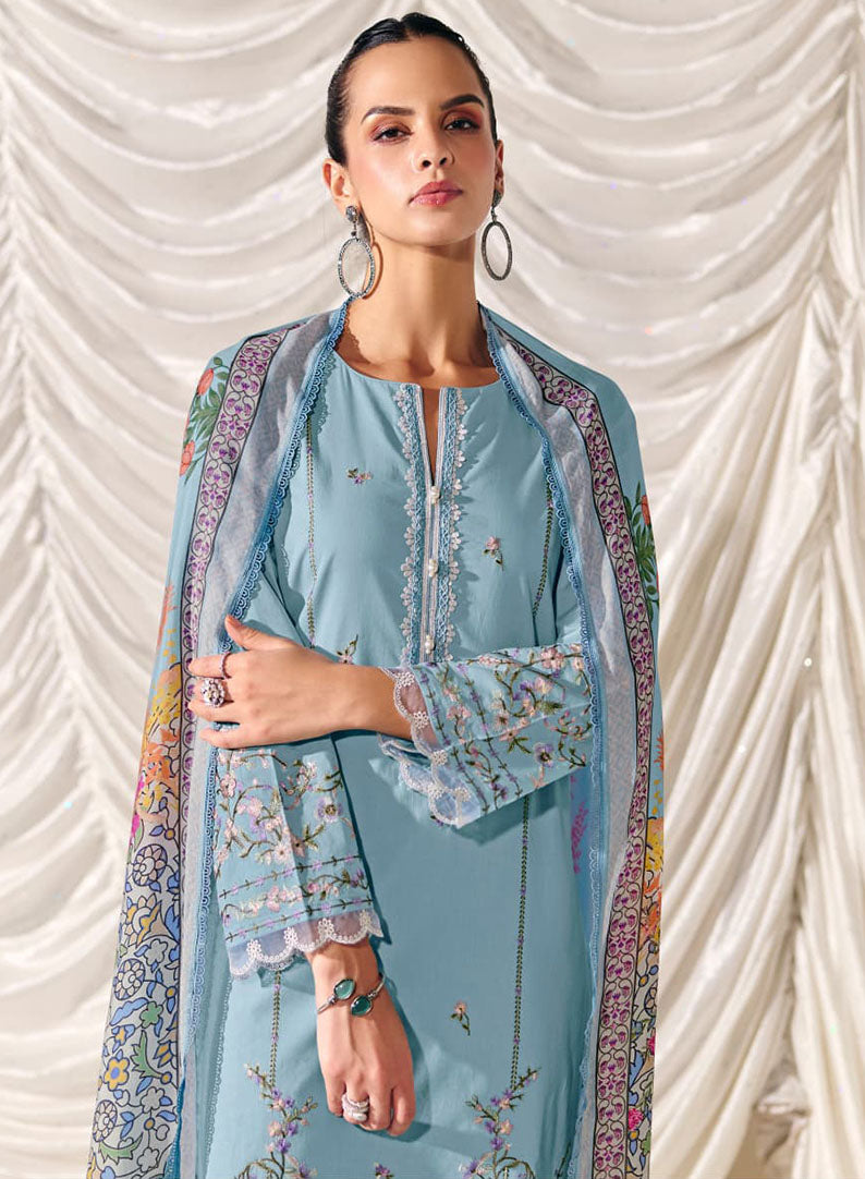 Kimora Embroidered Pure Cotton Lawn Unstitched Salwar Suit Material Blue