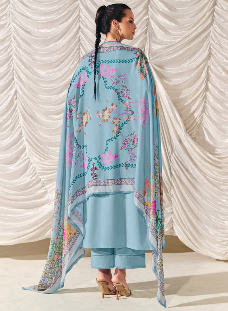 Kimora Embroidered Pure Cotton Lawn Unstitched Salwar Suit Material Blue