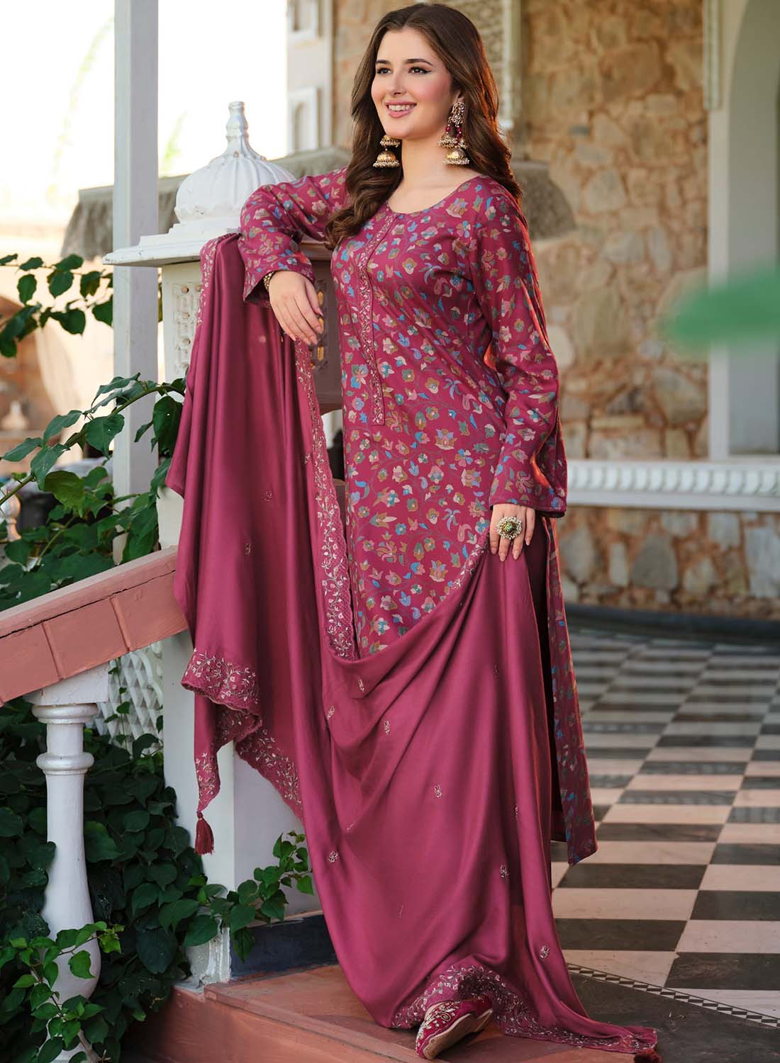 Dark Pink Pure Viscose Pashmina Unstitched Winter Suit Material for Women