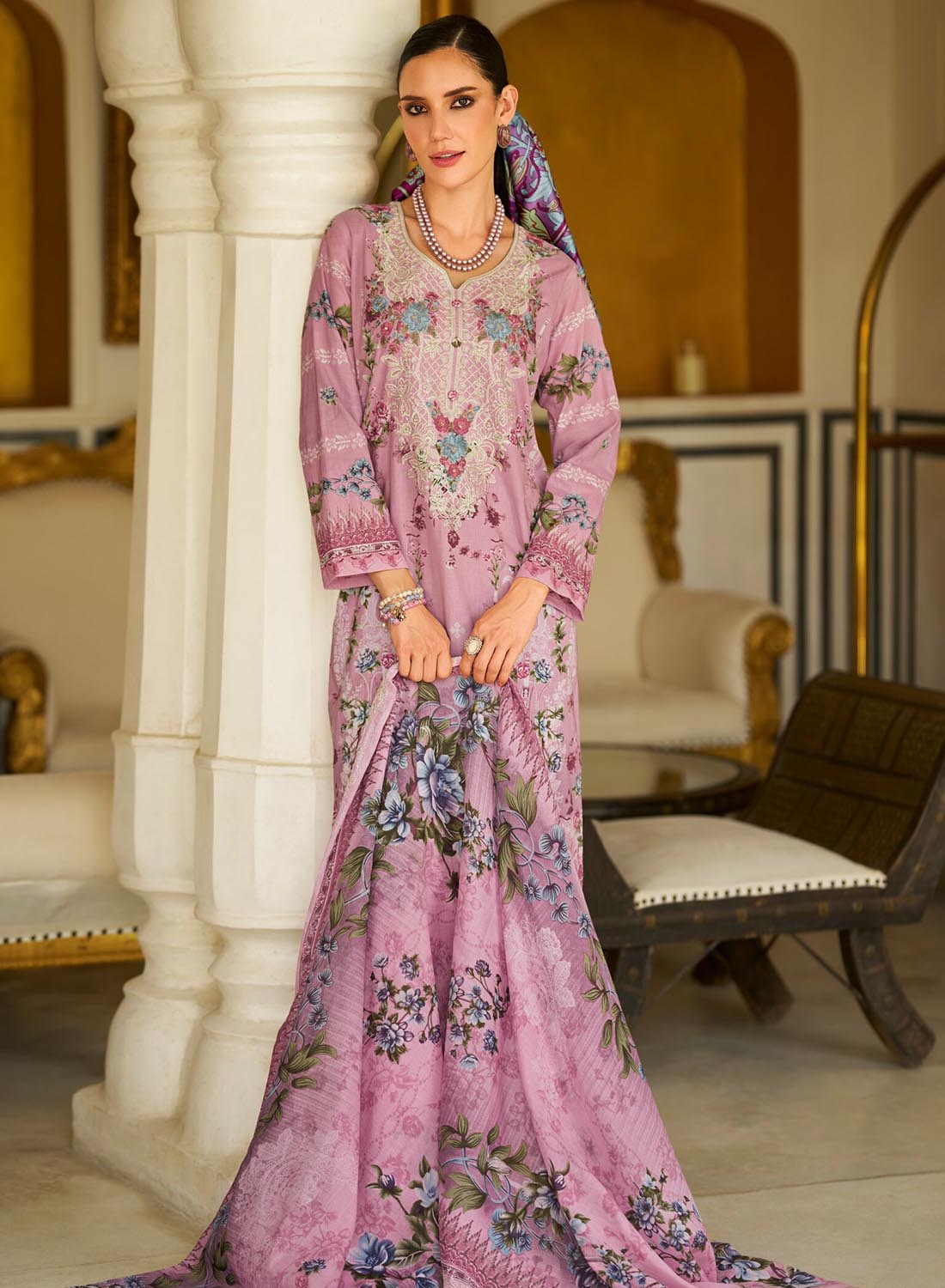 Pink Unstitched Pakistani Cotton Suit Material for Women with Embroidery