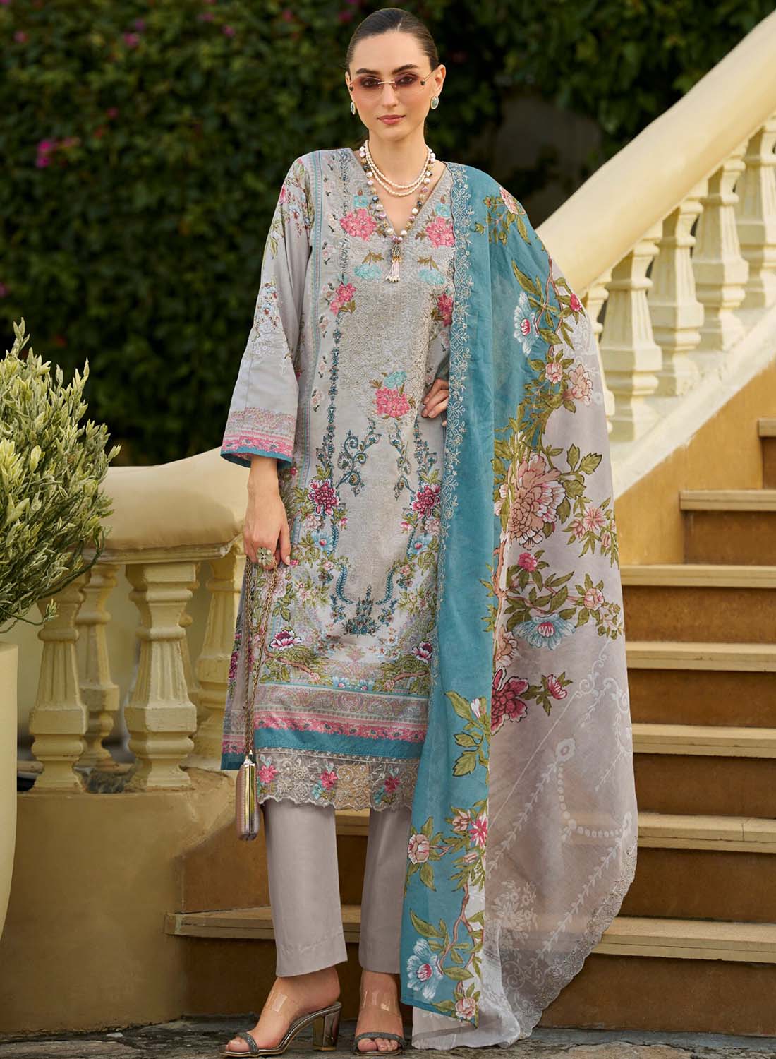 Grey Unstitched Pakistani Cotton Suit Dress Material with Embroidery