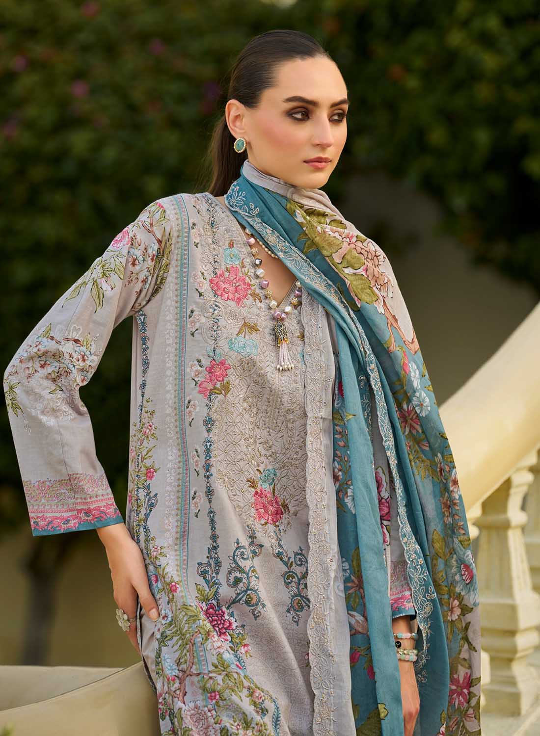 Grey Unstitched Pakistani Cotton Suit Dress Material with Embroidery