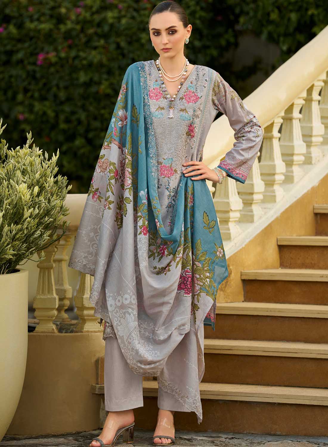 Grey Unstitched Pakistani Cotton Suit Dress Material with Embroidery