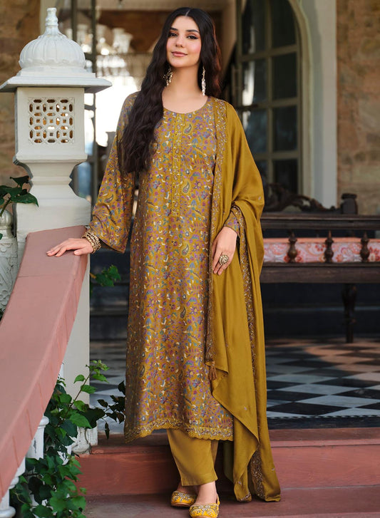 Mustard Pure Viscose Pashmina Unstitched Winter Suit Material for Women
