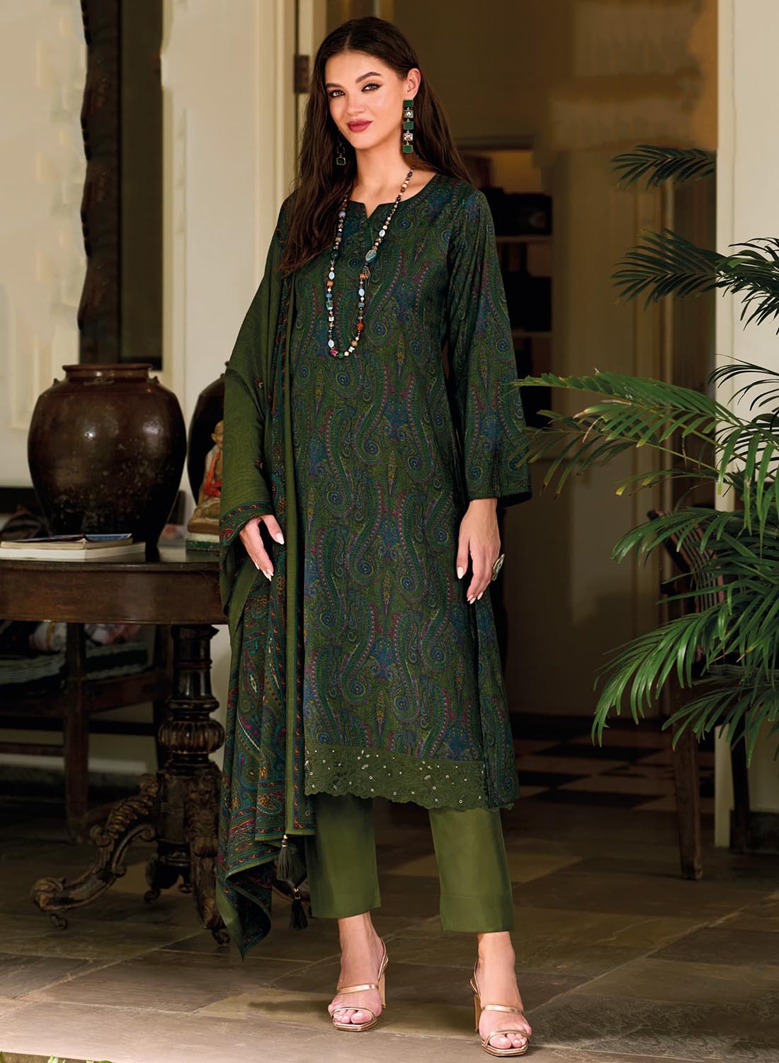 Green Viscose Modal Silk Unstitched Salwar Suit Material for Women
