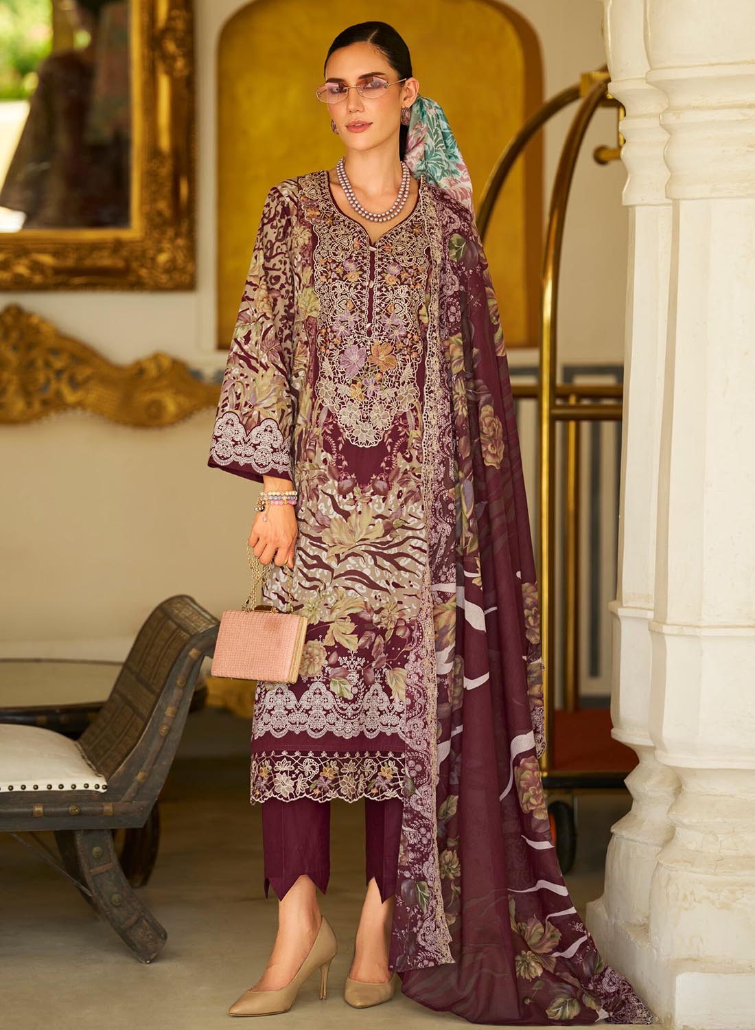 Maroon Unstitched Pakistani Cotton Suit Material for Women with Embroidery