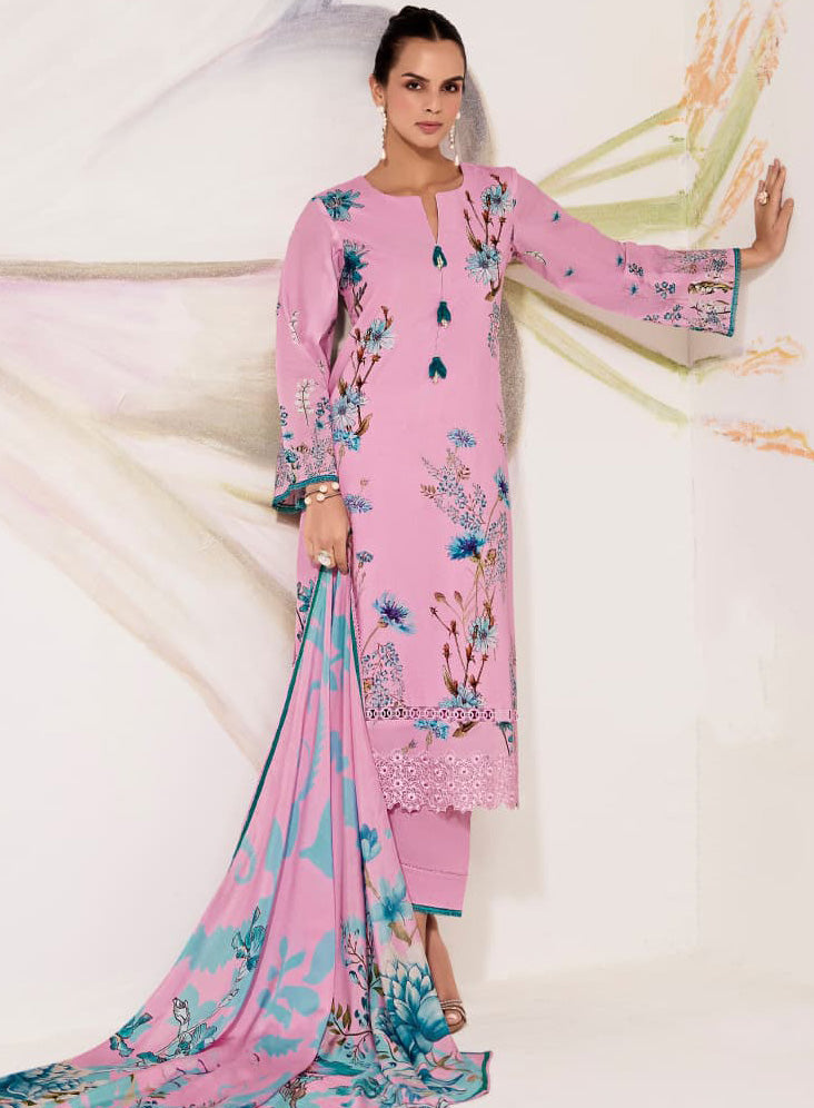 Pure Lawn Cotton Embroidered Pink Unstitched Salwar Suit for Women
