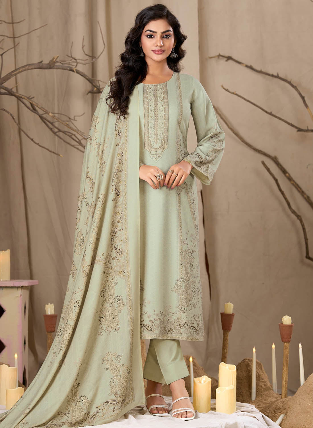 Unstitched Pashmina Printed Winter Salwar Suit Set Material for Women