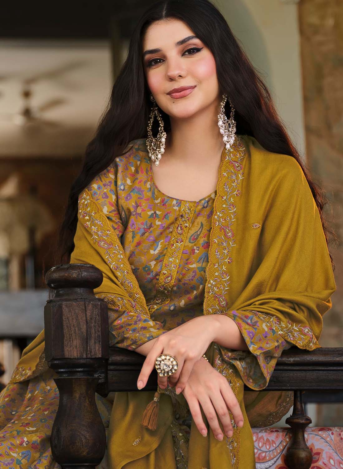 Mustard Pure Viscose Pashmina Unstitched Winter Suit Material for Women