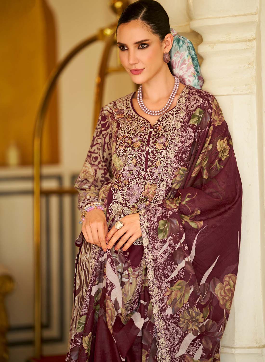 Maroon Unstitched Pakistani Cotton Suit Material for Women with Embroidery