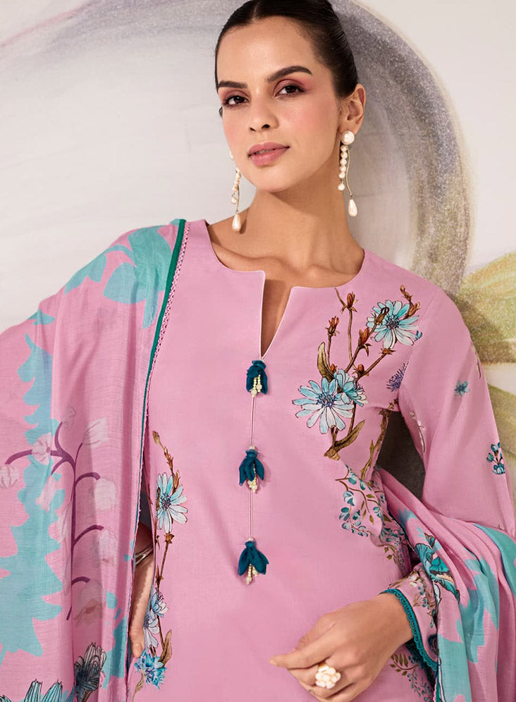 Pure Lawn Cotton Embroidered Pink Unstitched Salwar Suit for Women
