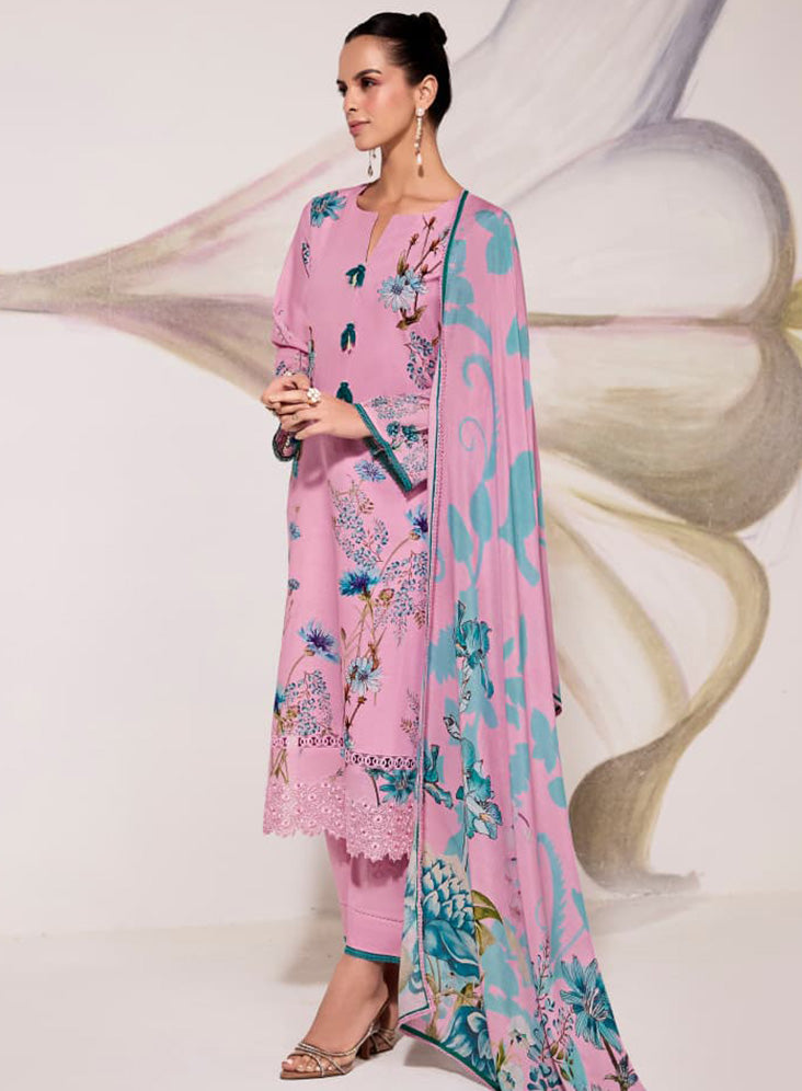 Pure Lawn Cotton Embroidered Pink Unstitched Salwar Suit for Women