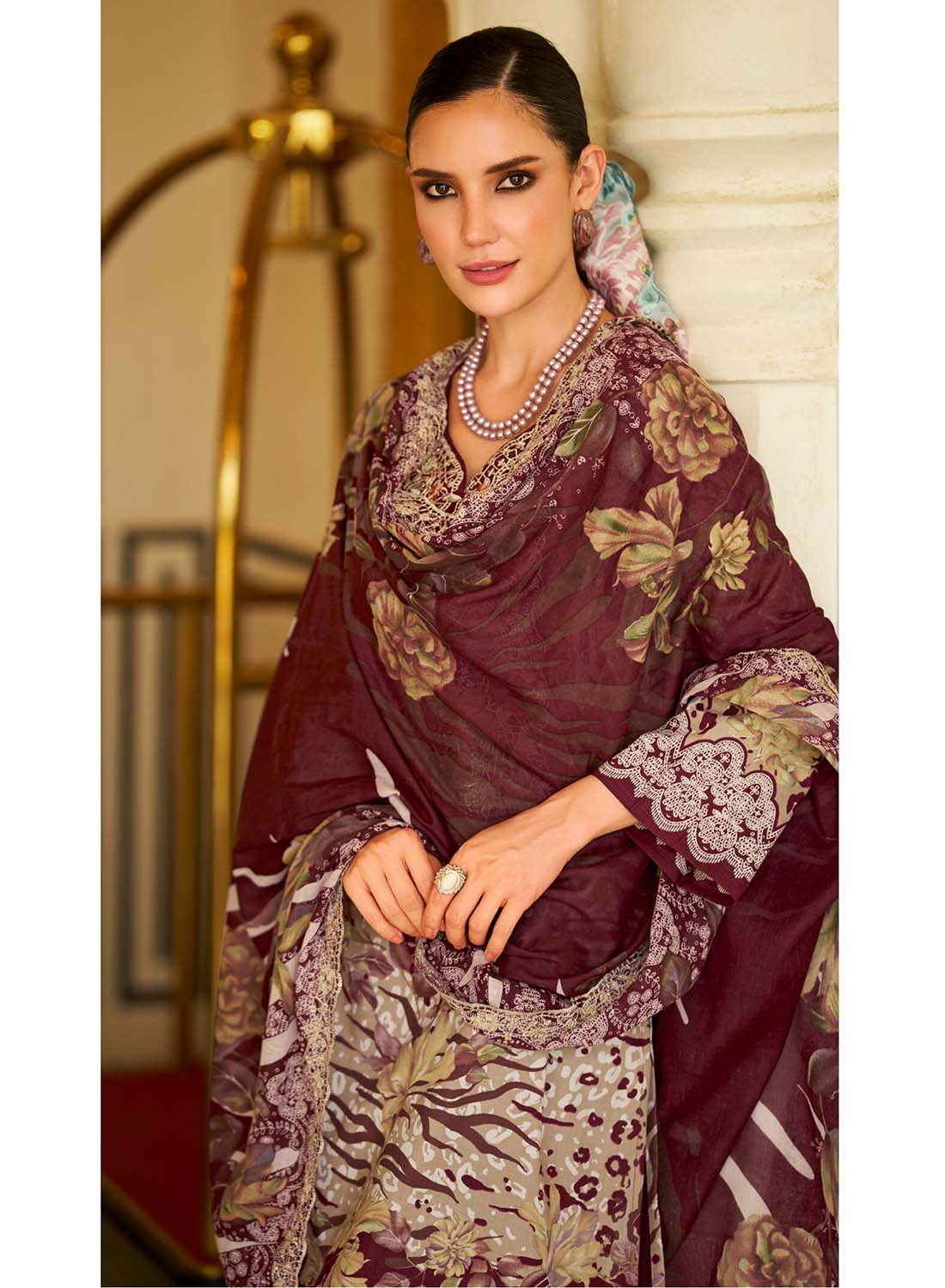 Maroon Unstitched Pakistani Cotton Suit Material for Women with Embroidery