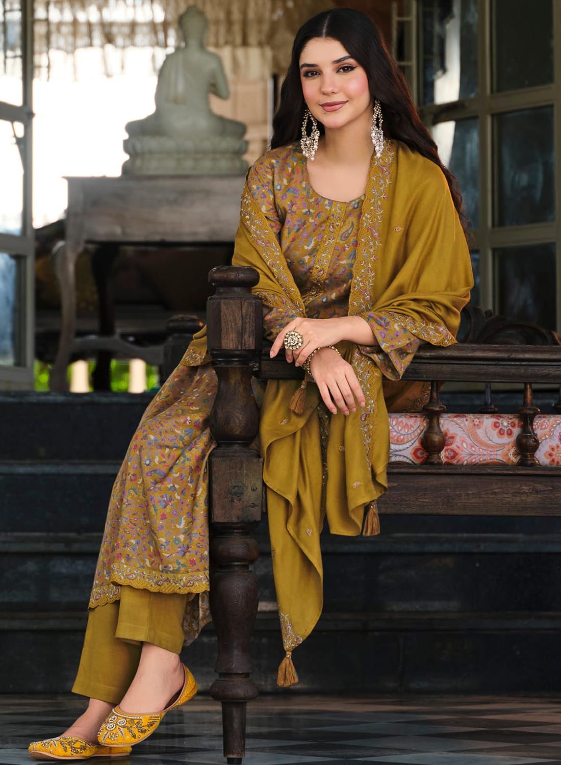 Mustard Pure Viscose Pashmina Unstitched Winter Suit Material for Women