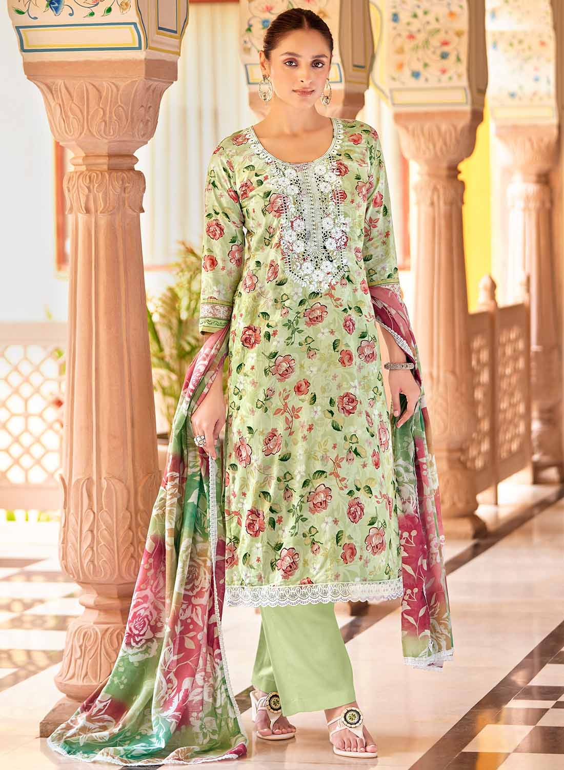 Green Pure Cambric Cotton Unstitched Suit Dress Material for Women