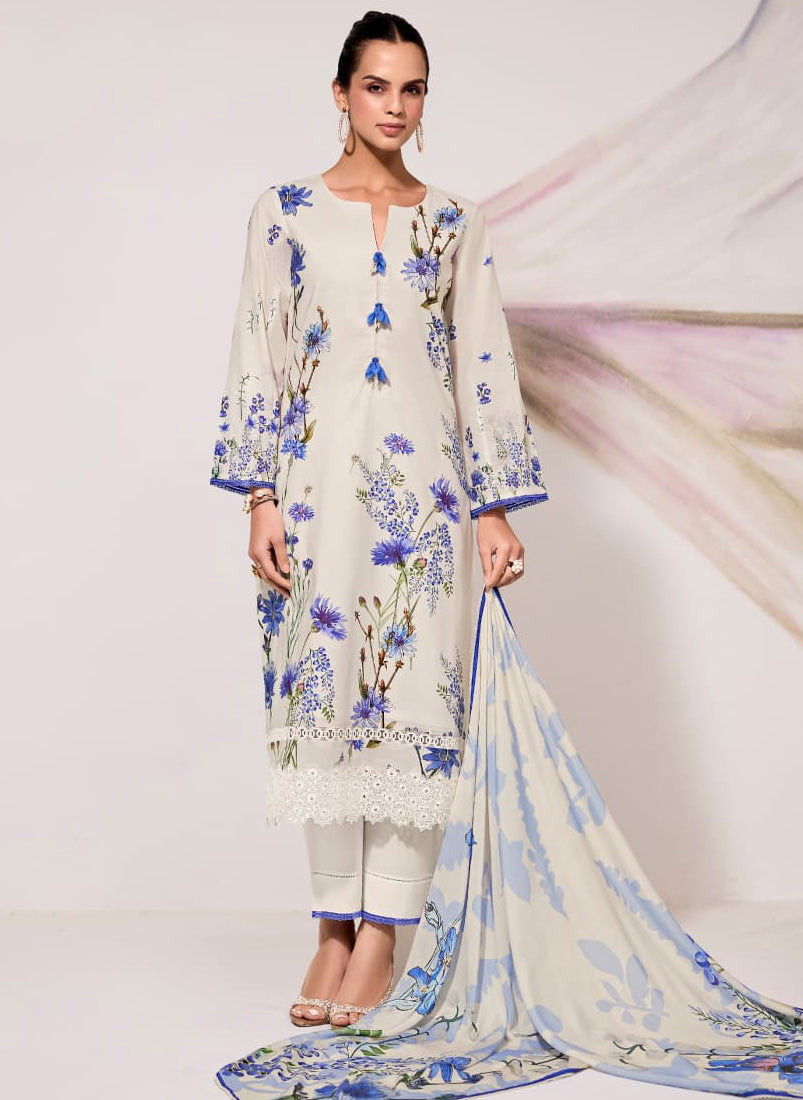 Pure Lawn Cotton Embroidered Off-White Unstitched Salwar Suit for Women