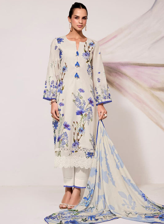 Pure Lawn Cotton Embroidered Off-White Unstitched Salwar Suit for Women