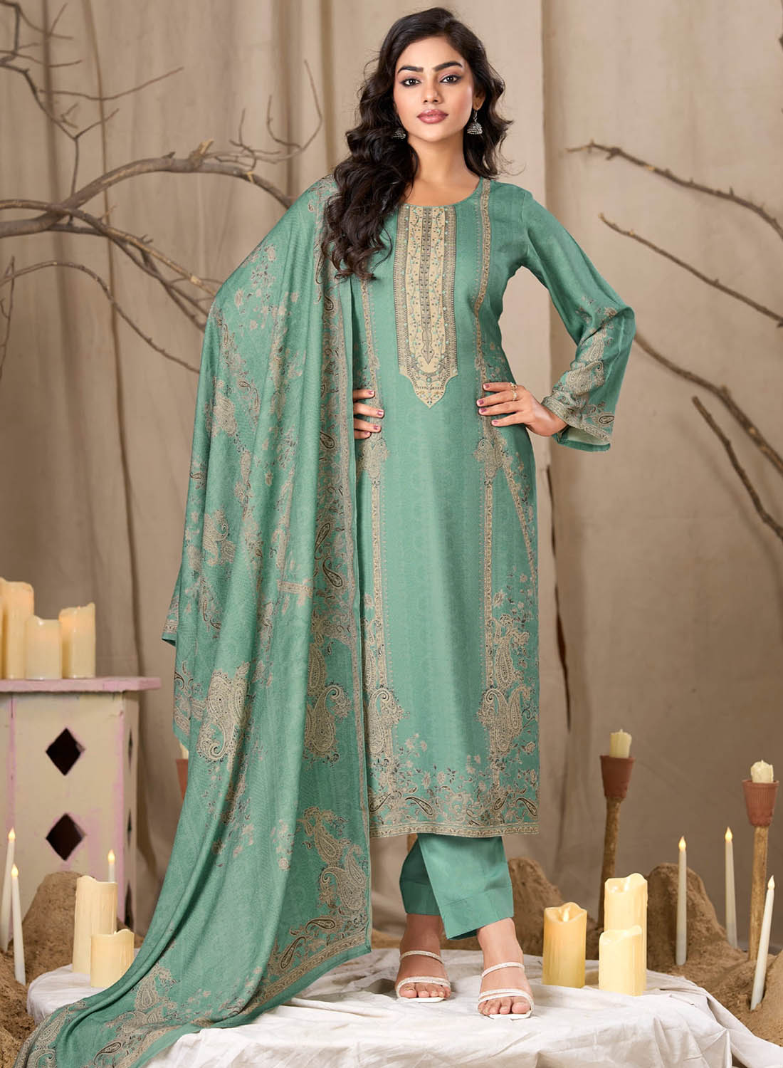 Unstitched Pashmina Printed Winter Salwar Suit Fabric Material for Women