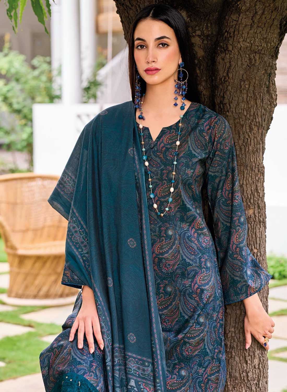 Blue Viscose Modal Silk Unstitched Salwar Suit Material for Women