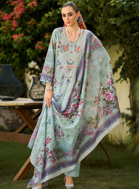 Light Green Unstitched Pakistani Cotton Suit Dress Material with Embroidery