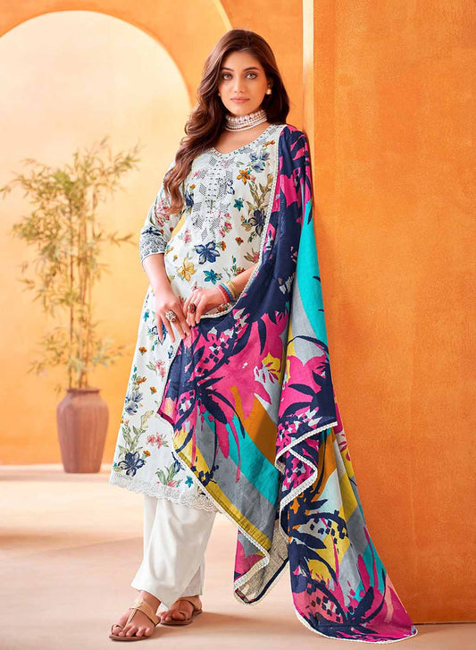 White Pure Cambric Cotton Unstitched Salwar Suit Material for Women