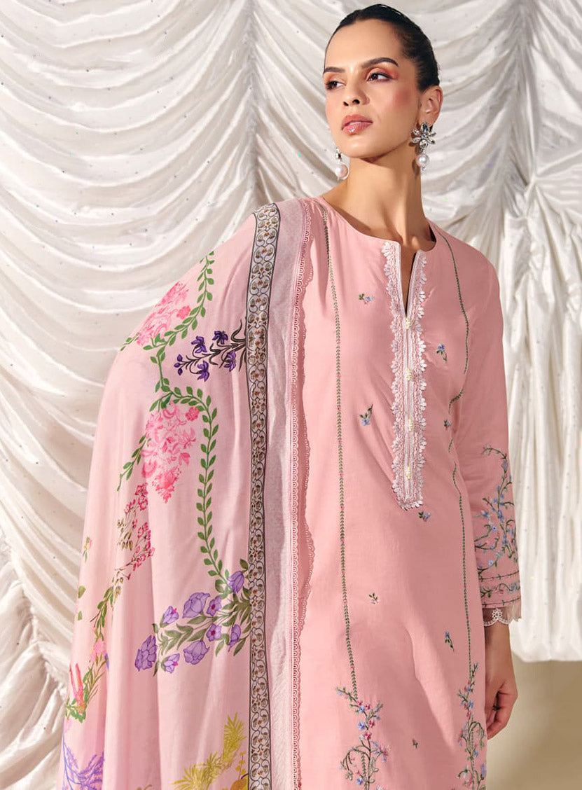 Kimora Embroidered Pure Cotton Lawn Unstitched Salwar Suit Material Pink