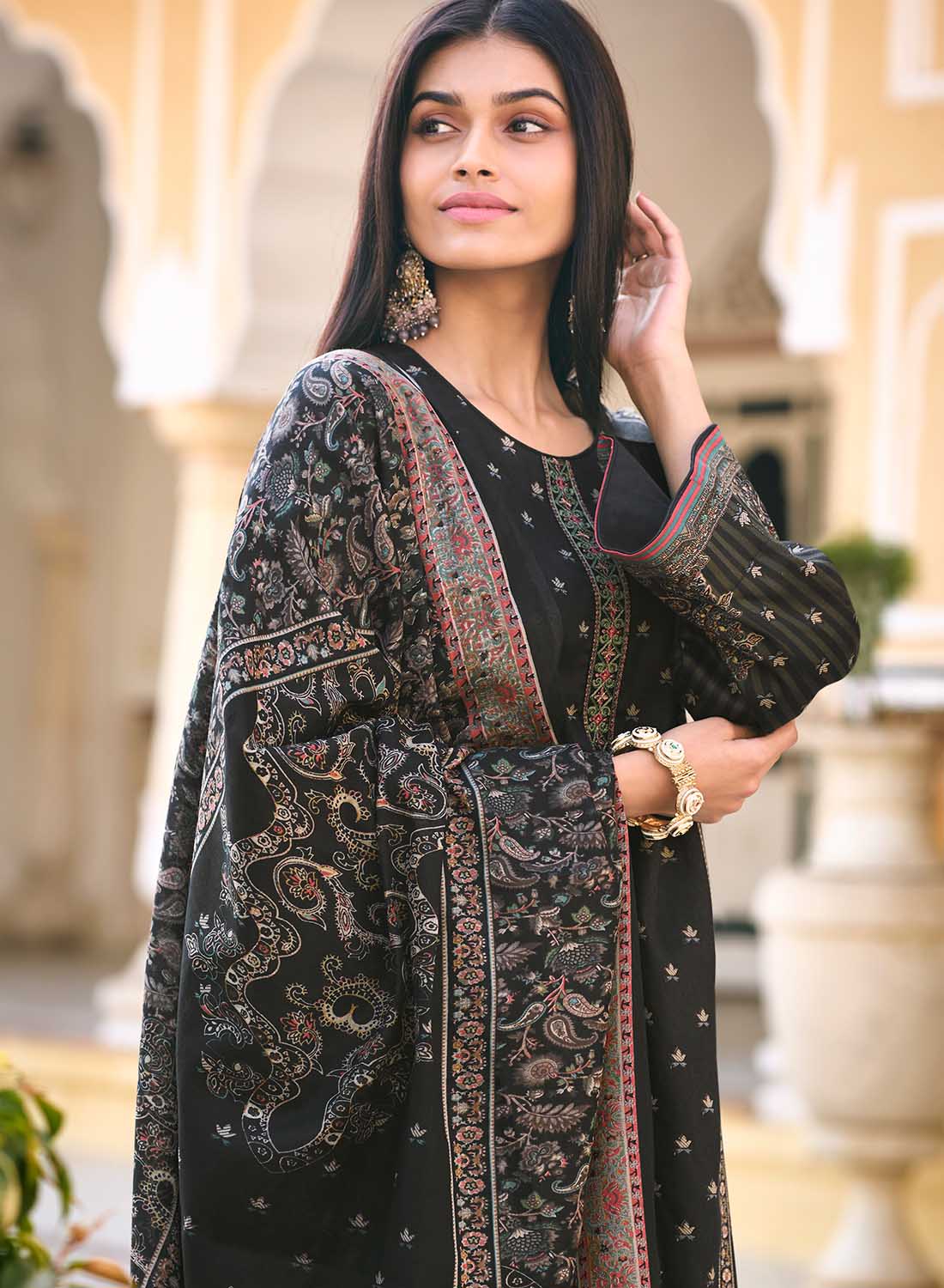 Mumtaz Arts Pure Cotton Satin Black Unstitched Suit Dress Material