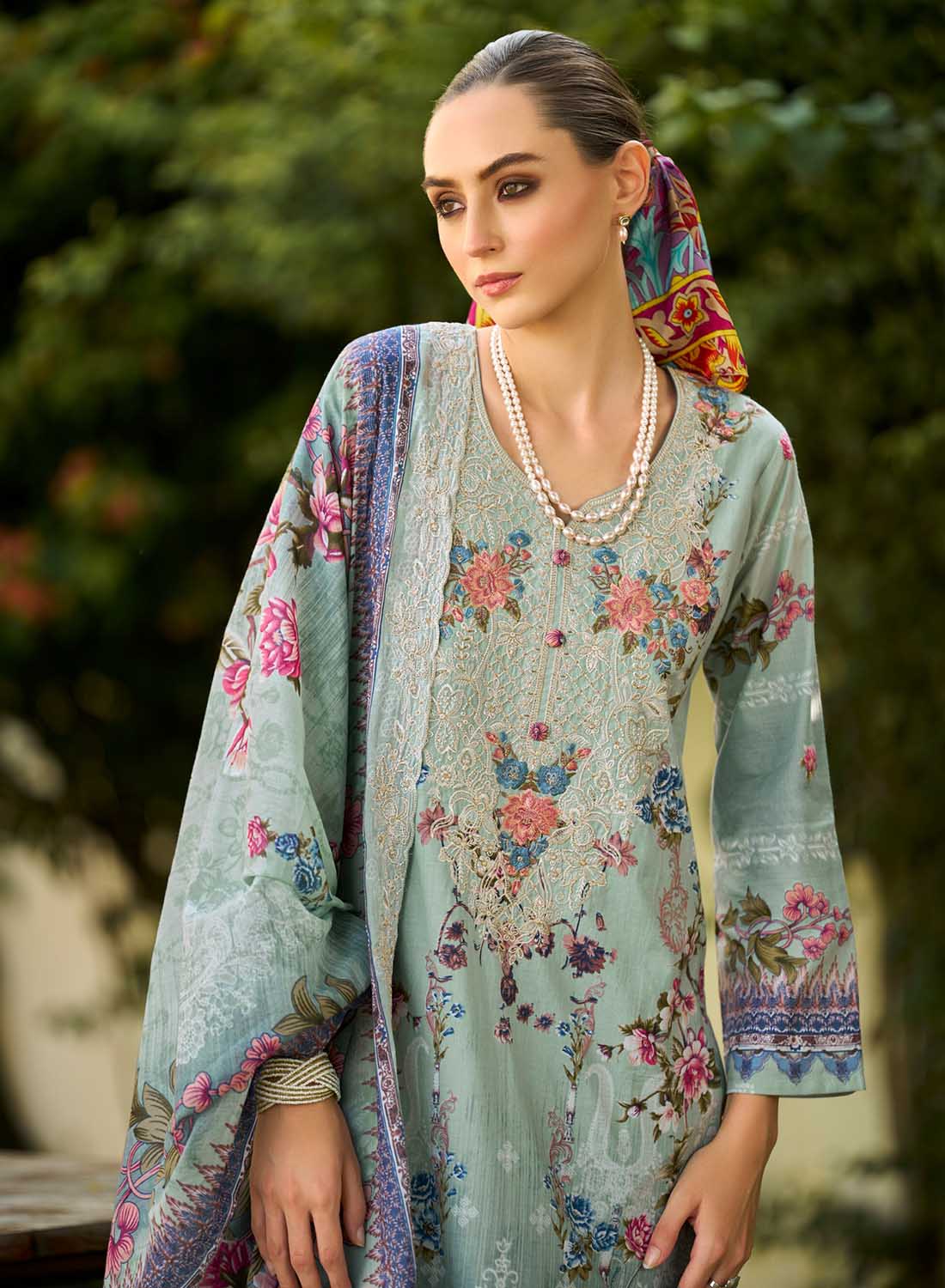 Light Green Unstitched Pakistani Cotton Suit Dress Material with Embroidery