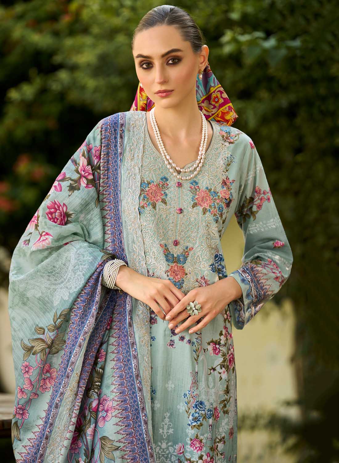 Light Green Unstitched Pakistani Cotton Suit Dress Material with Embroidery