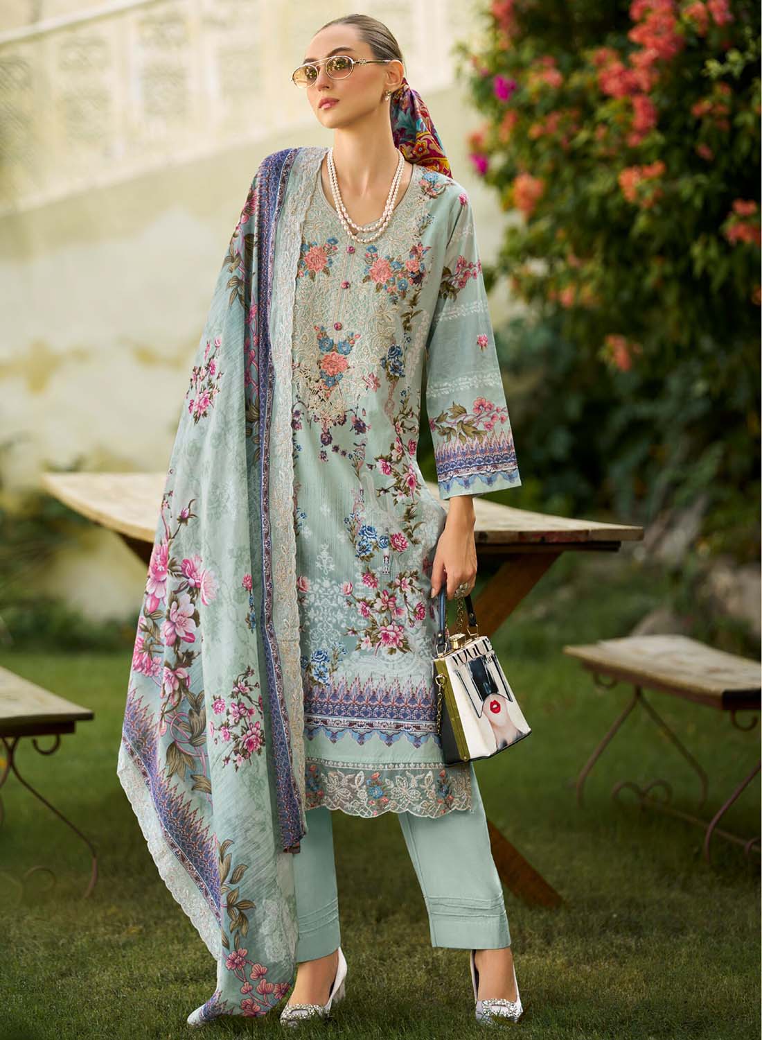 Light Green Unstitched Pakistani Cotton Suit Dress Material with Embroidery