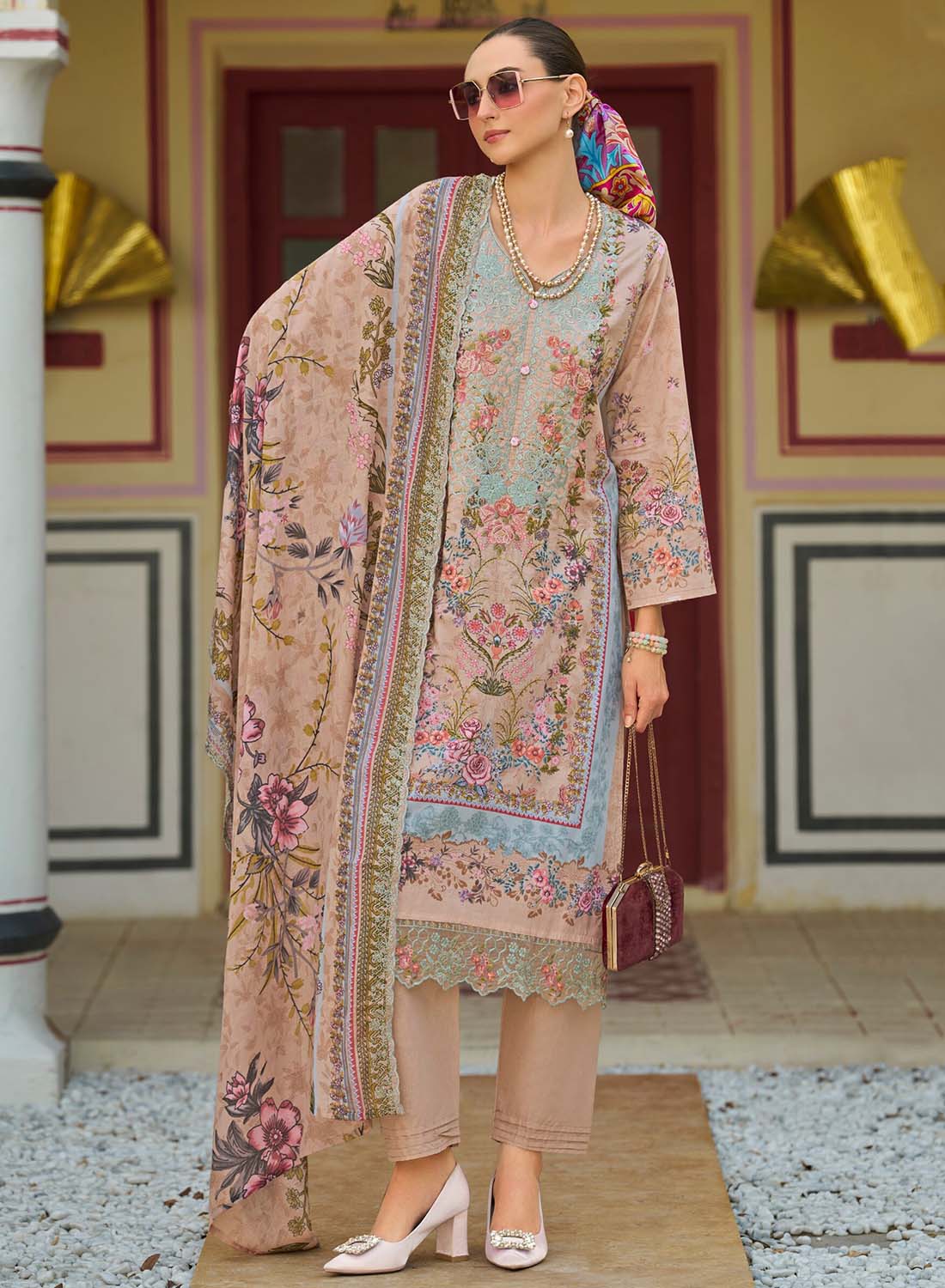 Unstitched Pakistani Cotton Suit Dress Material with Embroidery
