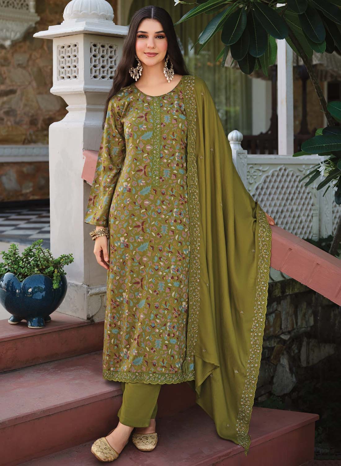 Green Pure Viscose Pashmina Unstitched Winter Suit Material for Women