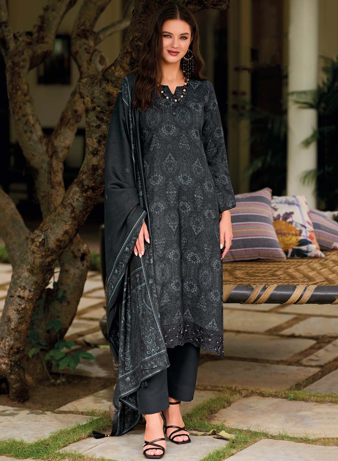 Black Viscose Modal Silk Unstitched Salwar Suit Set Material for Women