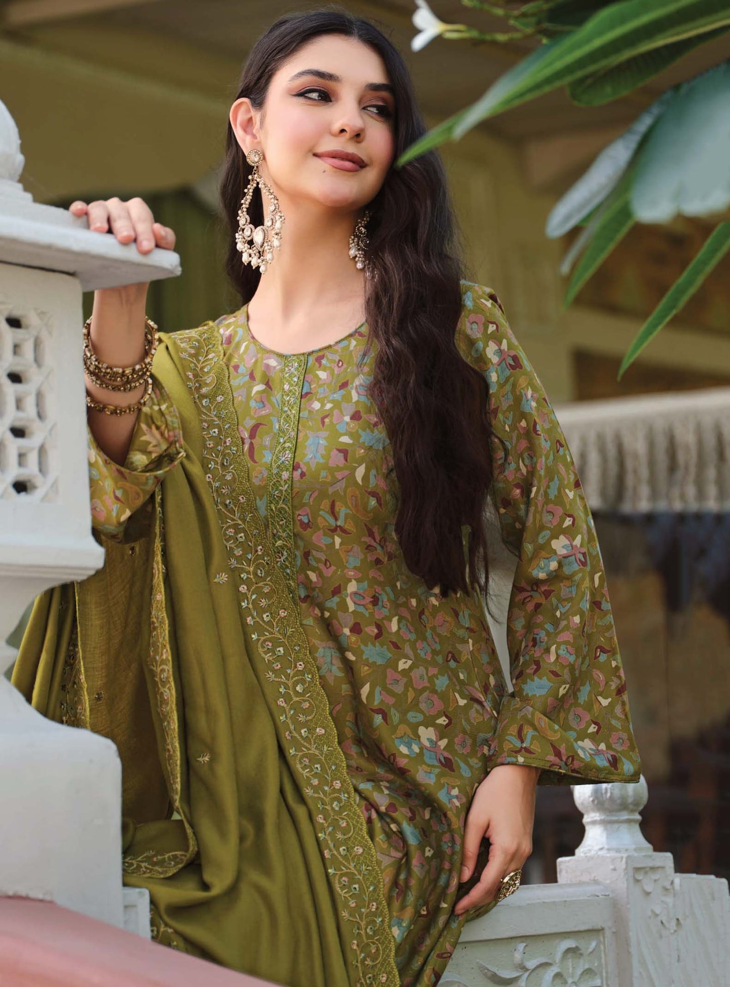 Green Pure Viscose Pashmina Unstitched Winter Suit Material for Women