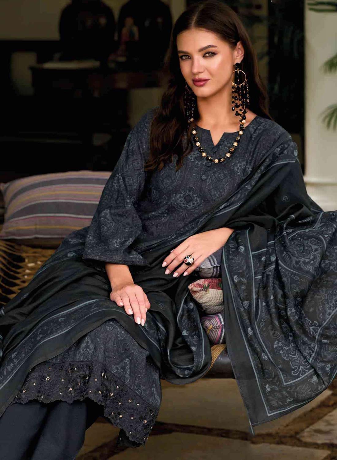 Black Viscose Modal Silk Unstitched Salwar Suit Set Material for Women