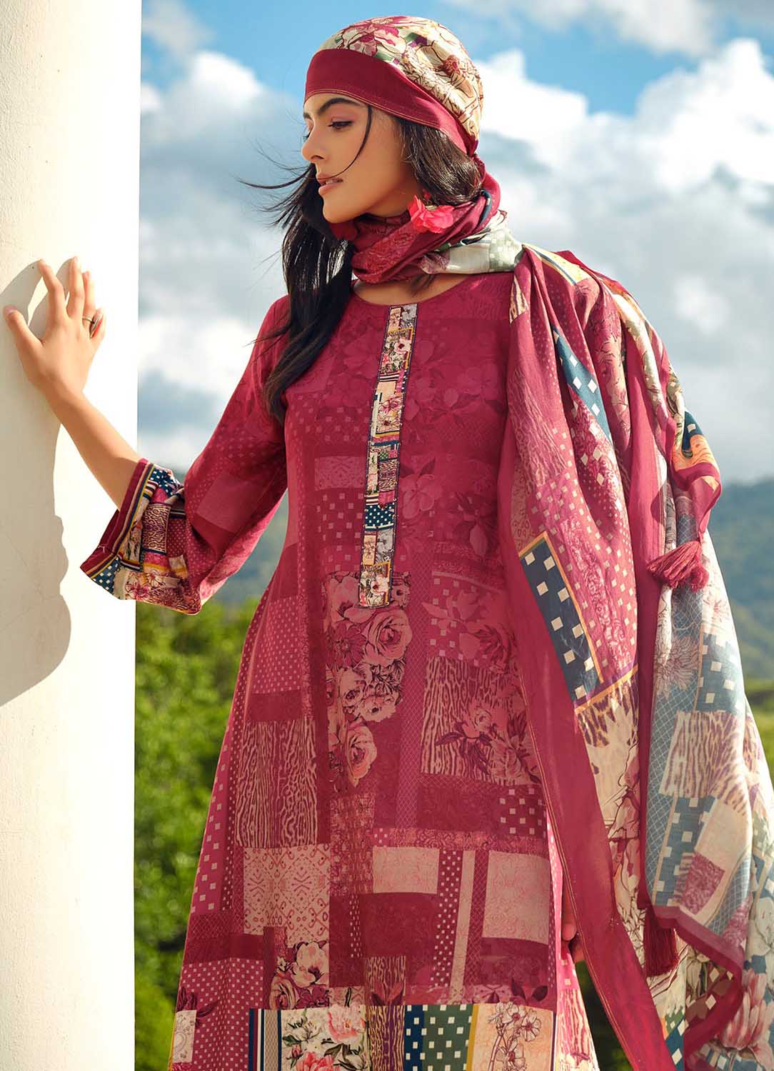 Unstitched Red Pashmina Winter Suit Dress Material for Women AIQA