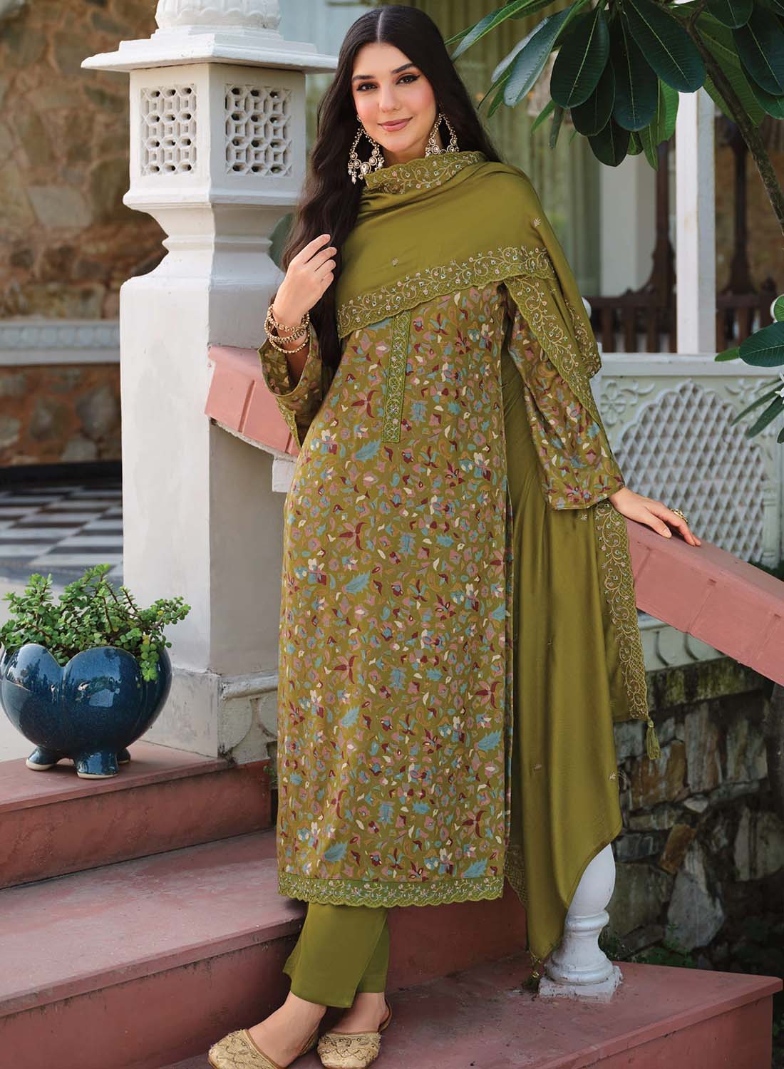 Green Pure Viscose Pashmina Unstitched Winter Suit Material for Women