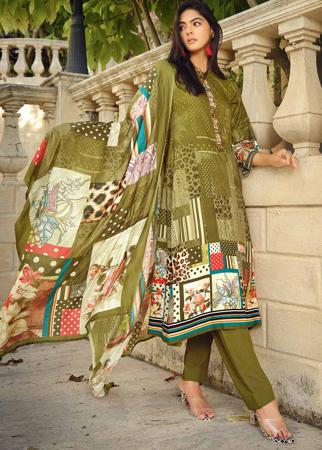 Unstitched Green Pashmina Winter Suit Dress Material for Women AIQA